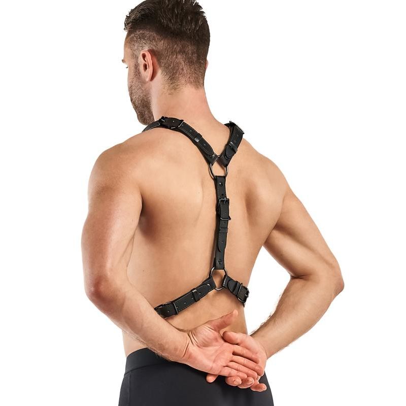 Man wearing an adjustable BDSM harness in black, showcasing the back design and adjustable features for optimal fit.