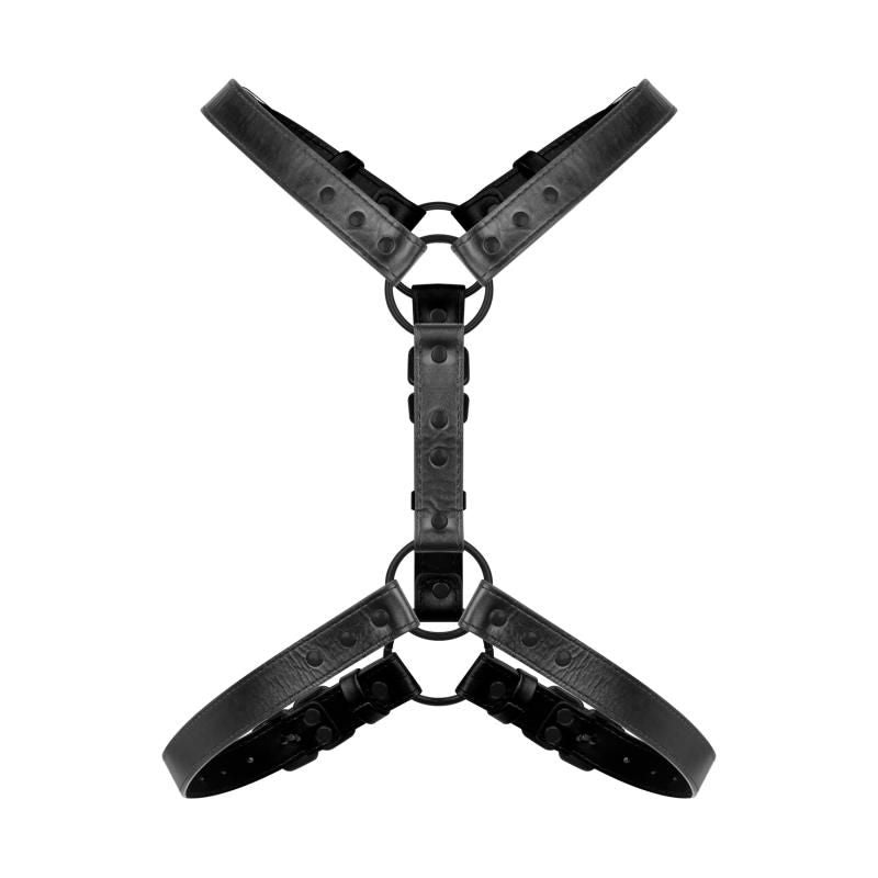 Max Bondage Harness Black made from durable faux leather, adjustable for a perfect fit, ideal for BDSM enthusiasts.