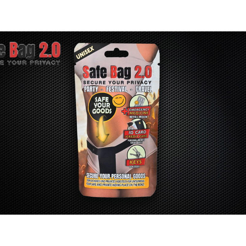 Safe Bag 2.0 Black Large packaging design showcasing features of the invisible body safe bag.