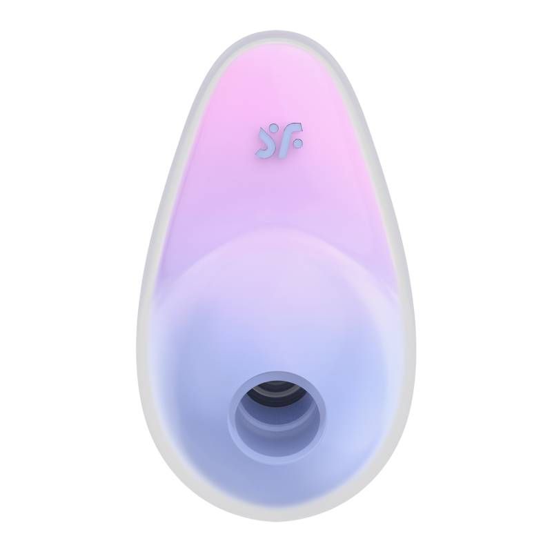 Satisfyer Pixie Dust vibrator in violet and pink, showcasing silicone design and Air Pulse technology.