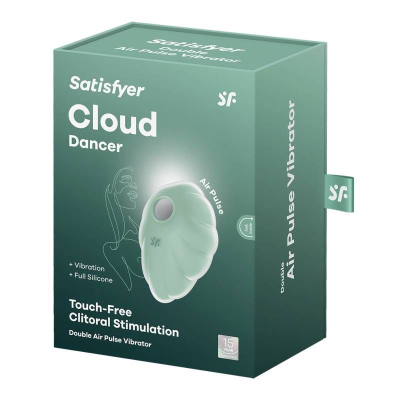 Satisfyer Cloud Dancer vibrator packaging showcasing touch-free clitoral stimulation and Air Pulse Technology.