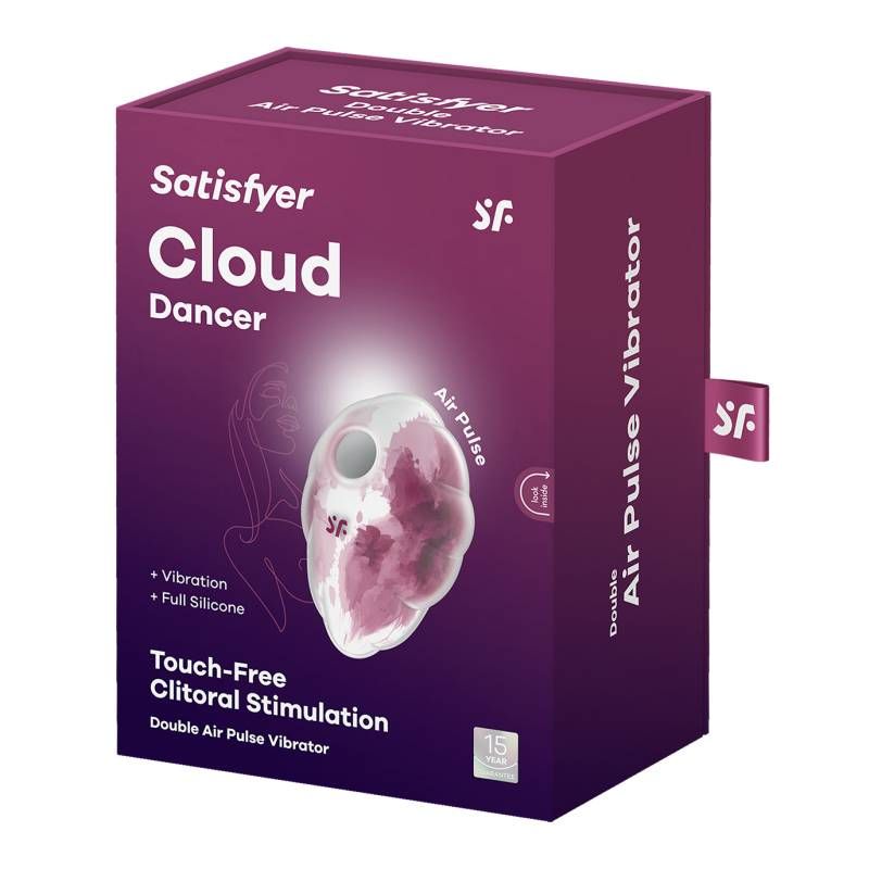 Satisfyer Cloud Dancer vibrator packaging showcasing Air Pulse Technology and silicone design.