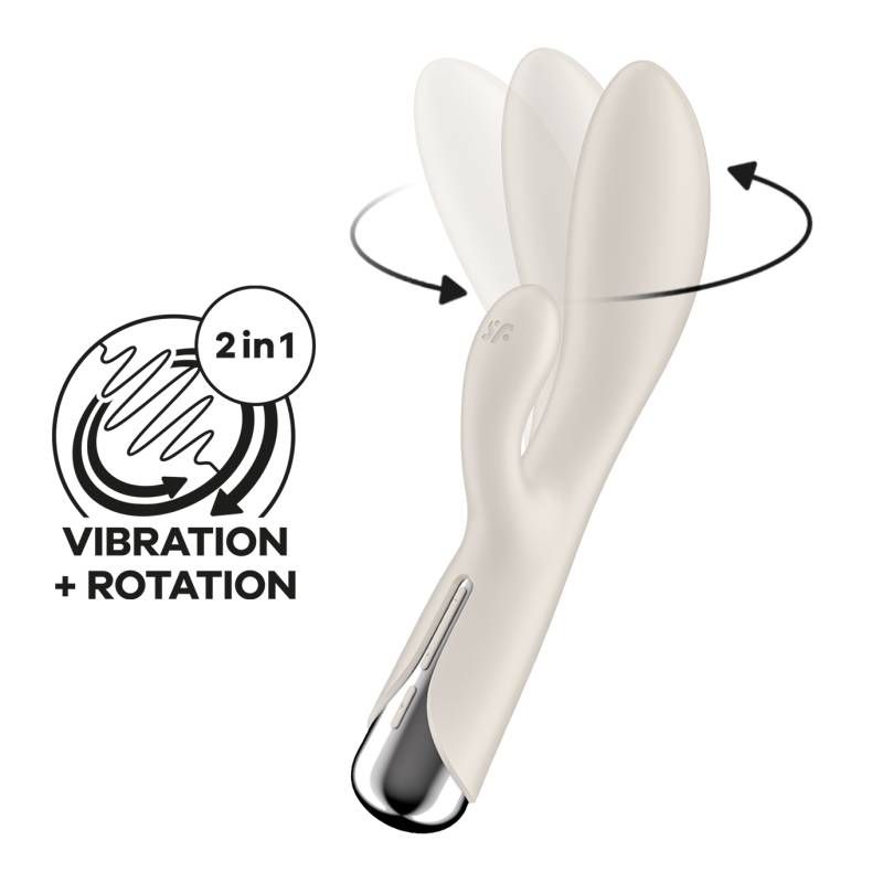 Satisfyer Spinning Rabbit 1 Beige vibrator showing vibration and rotation features for enhanced pleasure.