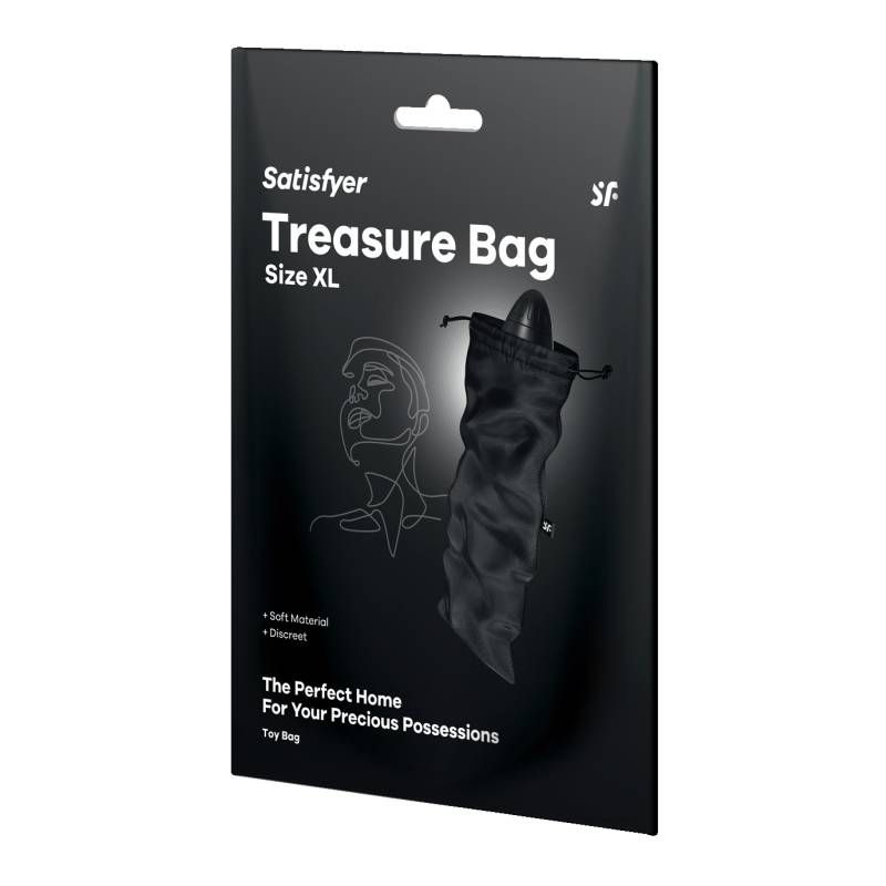 Satisfyer Treasure Bag Black Extra Large packaging showcasing soft material for discreet storage of pleasure products.