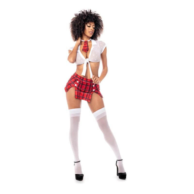 Sexy schoolgirl costume featuring a sheer front tie top and a plaid skirt with slits and ties.