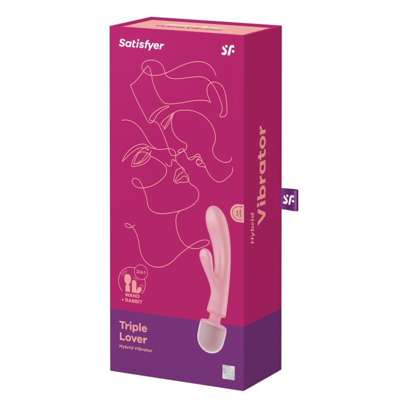 Satisfyer Triple Lover vibrator packaging showcasing a pink hybrid design for intense pleasure.