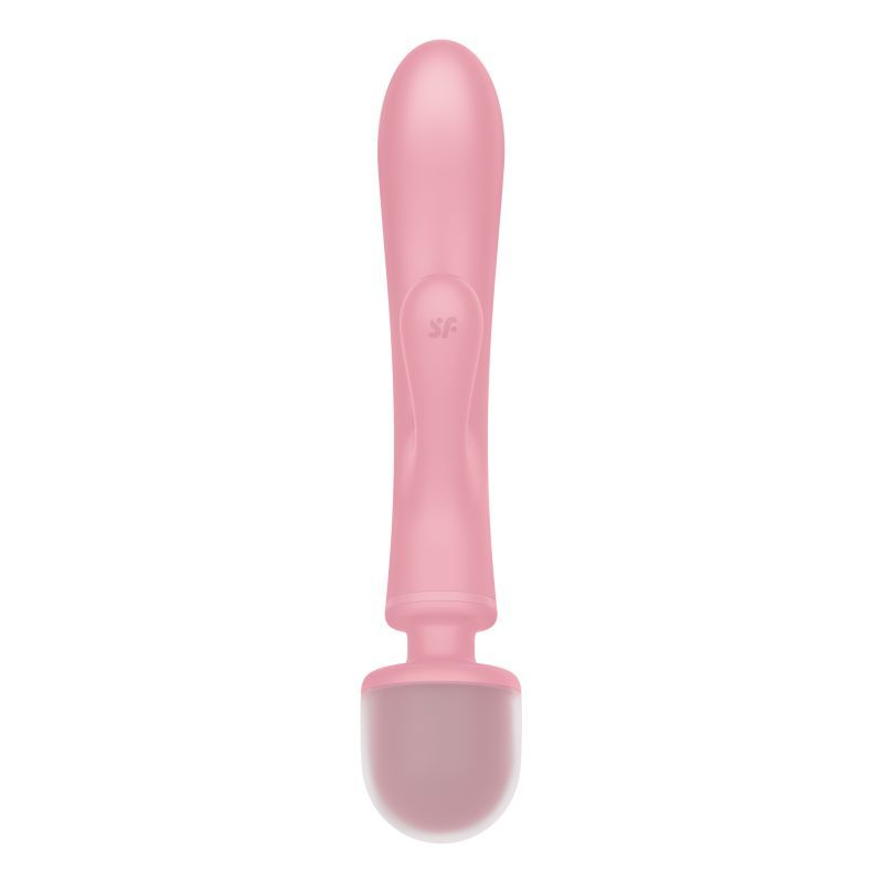 Satisfyer Triple Lover vibrator in soft pink color showcasing its rounded shaft and teardrop-shaped tip.