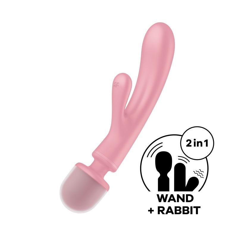 Satisfyer Triple Lover Pink, a 2-in-1 wand and rabbit vibrator with dual motors for intense pleasure.