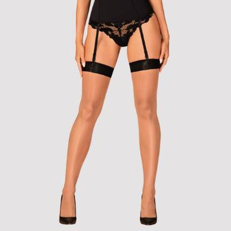 S814 black sheer stockings showcasing legs highlighted with garter belts and high heels.