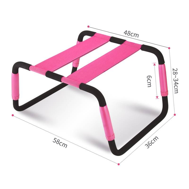 Adjustable height sex chair with pink PU seat, featuring adjustable dimensions for enhanced comfort and support.