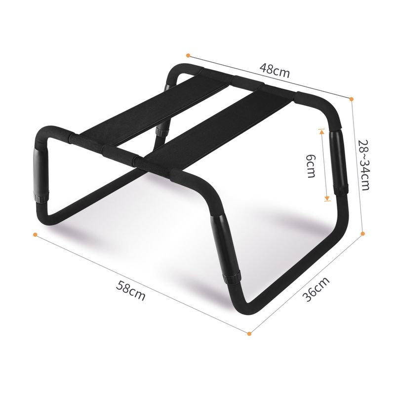 Sex Chair Adjustable Height Black PU Seat, showcasing dimensions 48cm x 58cm and adjustable height from 28cm to 34cm.