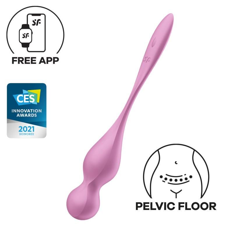Satisfyer Love Birds 1 Kegel pelvic floor trainer app in pink with ergonomic design and app control features.