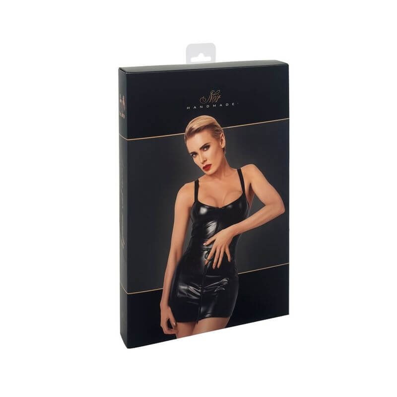Starlet Wetlook Minidress w Ring Belt packaging featuring a model showcasing its sleek design and glossy finish.