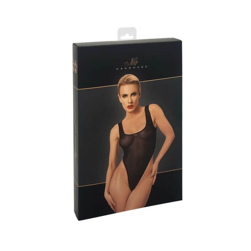 Paparazzi Elastic Mesh Body packaging showcasing a model in a transparent tulle body, featuring soft black tulle design.
