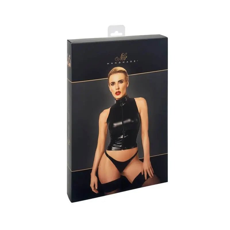 Glam Wetlook Top w Vinyl Corset Noir Discreet Intimate Essentials.