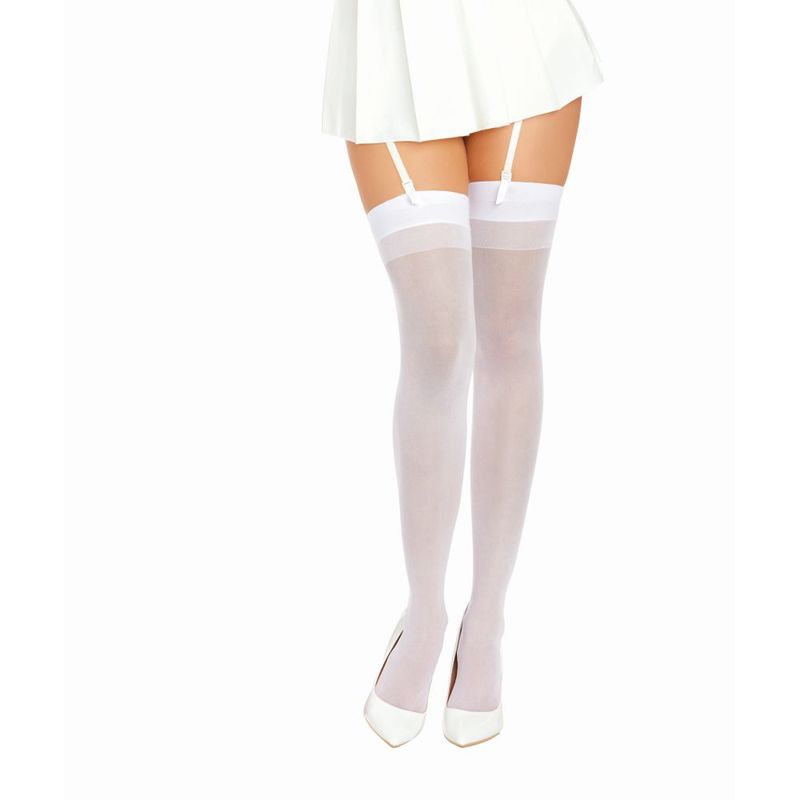 Dreamgirl Back Seam Sheer Thigh High Stockings Black displayed on model wearing a short white skirt and heels, showcasing elegance.