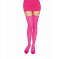 Model wearing pink thigh high silicone stockings with lace top and a short dress in neon pink.