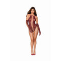 Burgundy fishnet teddy with gloves, showcasing a seamless zebra fishnet design and cheeky back fit.
