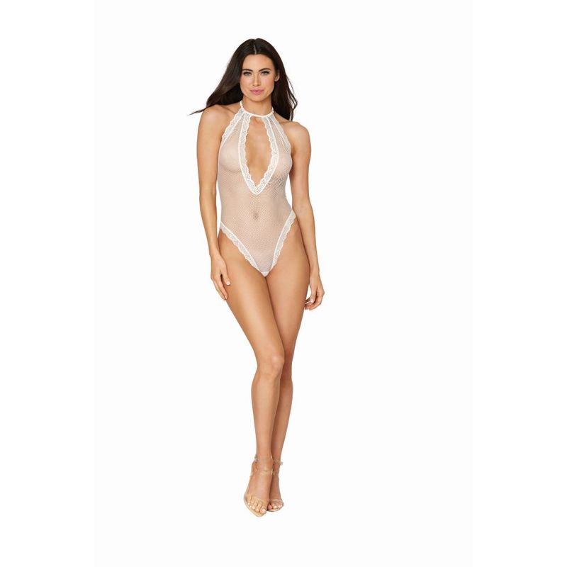 Sexy fishnet teddy with lace trims featuring a plunging neckline and halter design in white.