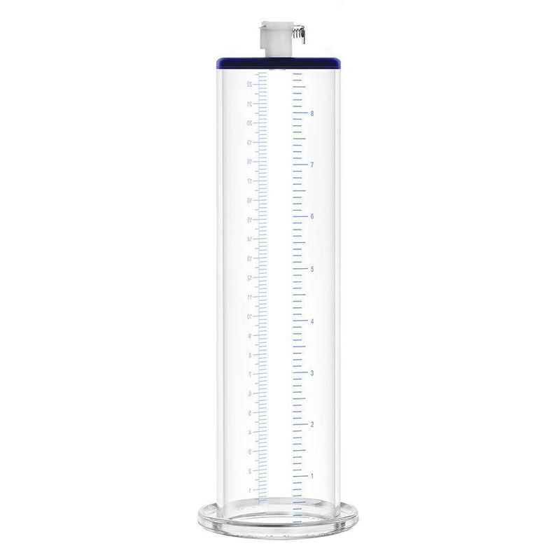 Premium penis pump cylinder showcasing a clear acrylic design with a calibrated scale for size measurement.