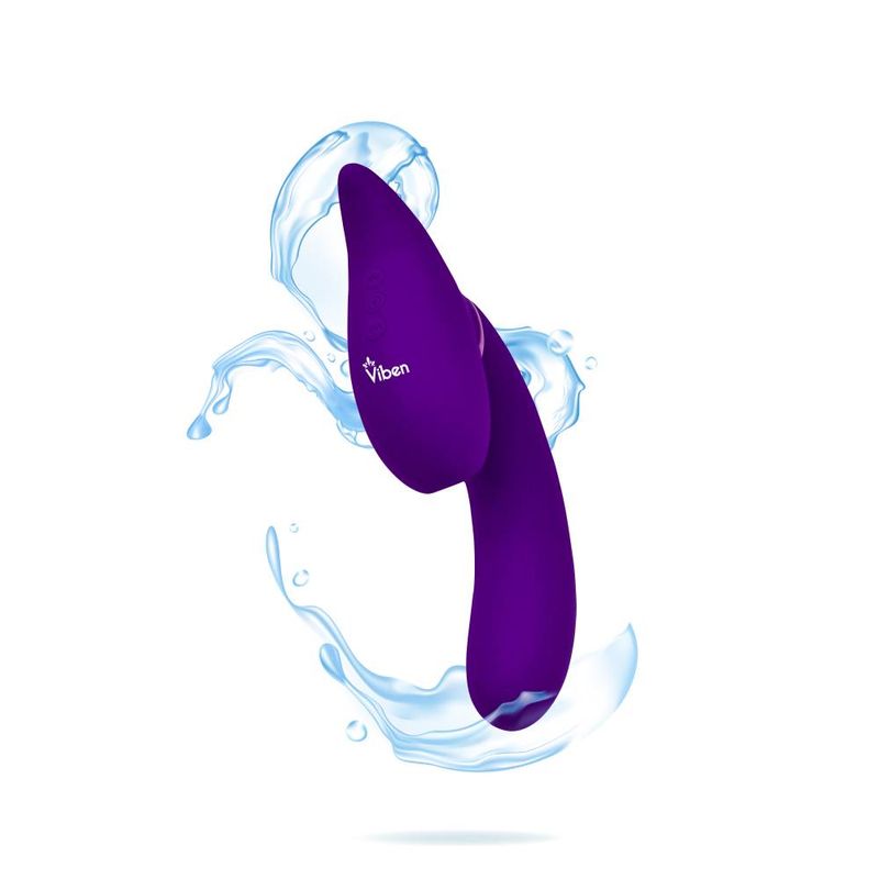 Vibens Symphony 21 Mode Swivel Suction Head triple motor vibrator with suction in purple against a water splash background.