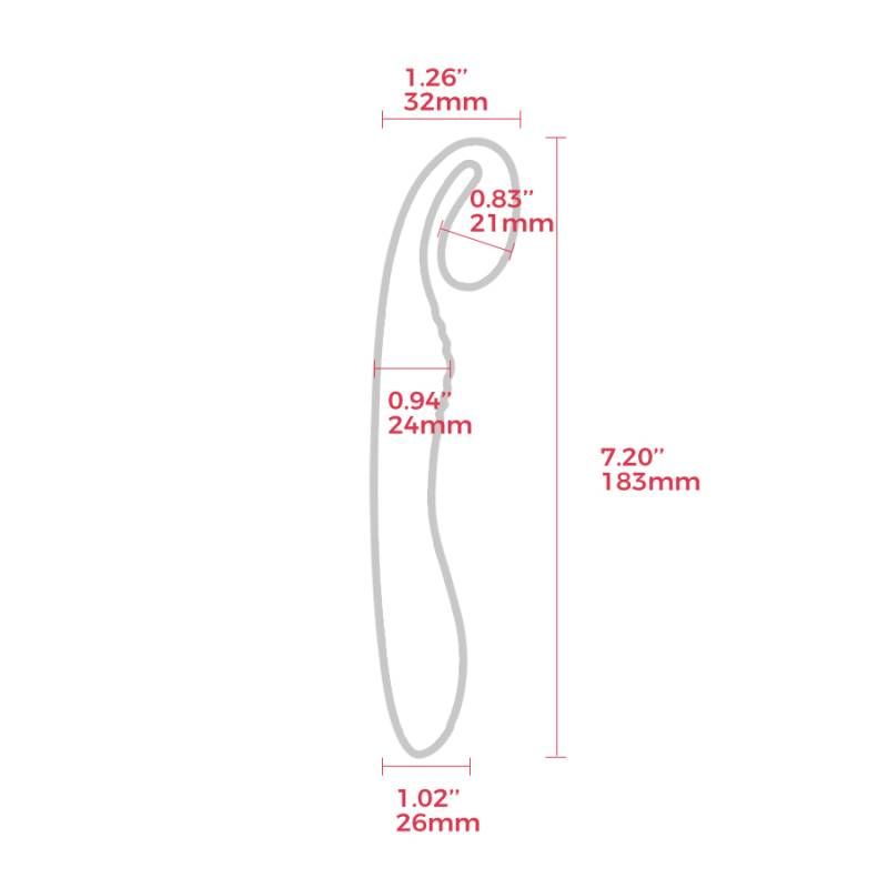 Dimensions of the G-Snuggle Ultrasoft Sprout-shaped Unisex Vibrator displaying sizes in inches and millimeters.