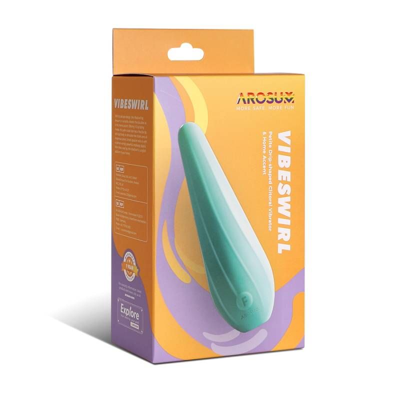 VibeSwirl packaging featuring a rechargeable clitoral vibrator with a smooth design and highlighted features.