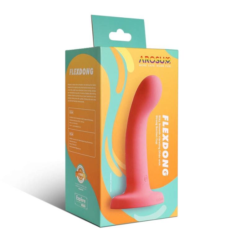 FlexDong Vibrating Strap-on Dildo packaging showcasing its sleek design and vibrant colors.