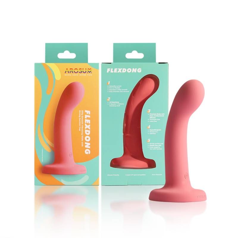 FlexDong vibrating strap-on dildo displayed with packaging, showcasing its ergonomic design and vibrant color.