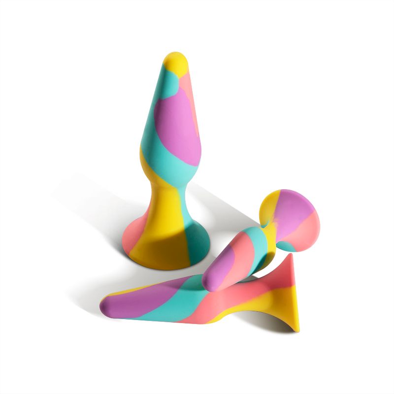 TriPlugs 3 Pc Silicone Anal Training Kit featuring multi-colored silicone plugs.