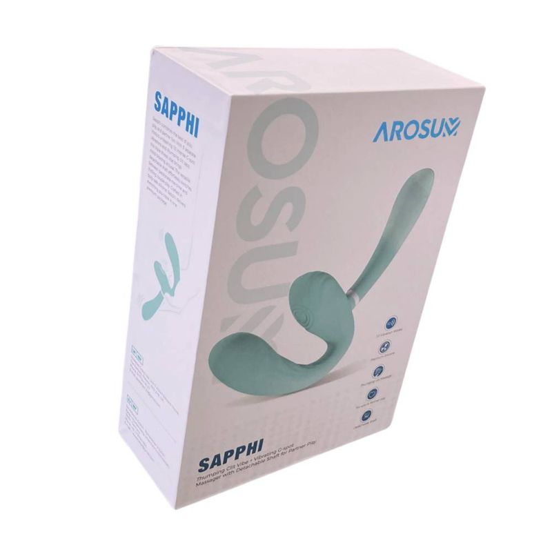 Sapphi Detachable Strapless Strap-on Double Vibrator packaging showcasing its sleek design and features by Arosum.