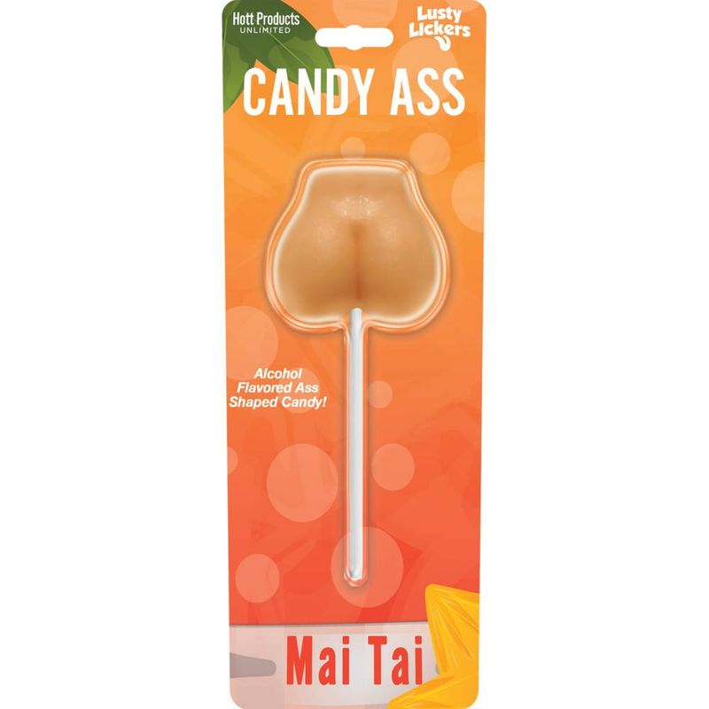 Mai Tai lollipop featuring a candy shaped like a butt, showcasing the Lusty Lickers brand and colorful packaging.
