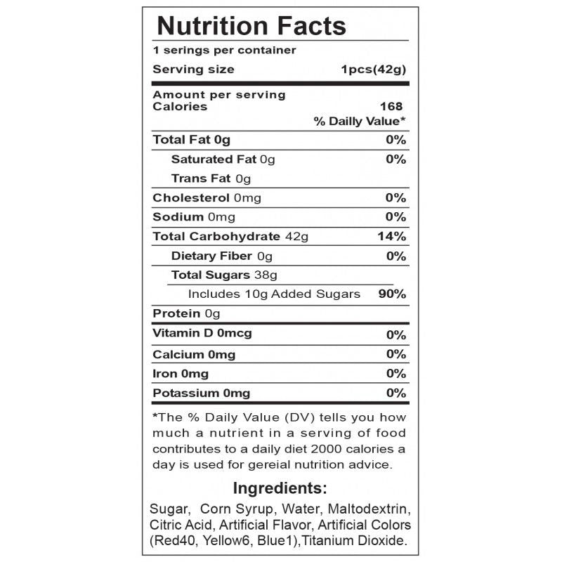 Nutrition facts for Lusty Lickers Mai Tai lollipop showing calories, ingredients, and serving size.