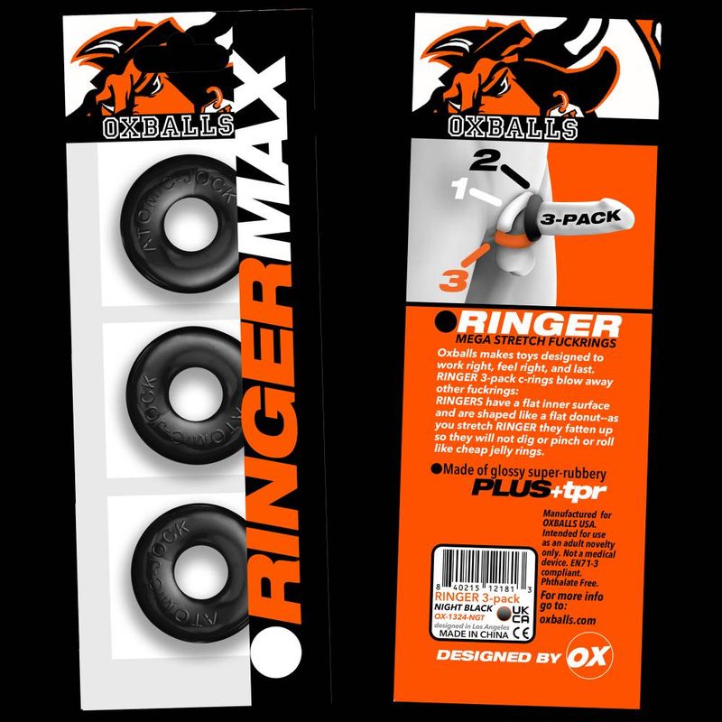 Ringer Max 3 Pc Cockring Set Black featuring thicker cockring set designed for maximum stretch and grip.