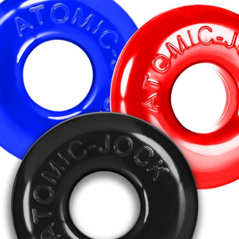 Ringer Max 3 Pc Multi Colour Cockring Set featuring blue, red, and black soft stretchy rings for versatile use.