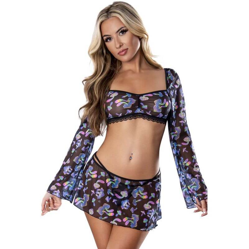 Mushroom Crop Top Skirt and G-String Set featuring long sleeve crop top and matching mini skirt with rainbow mushroom print.