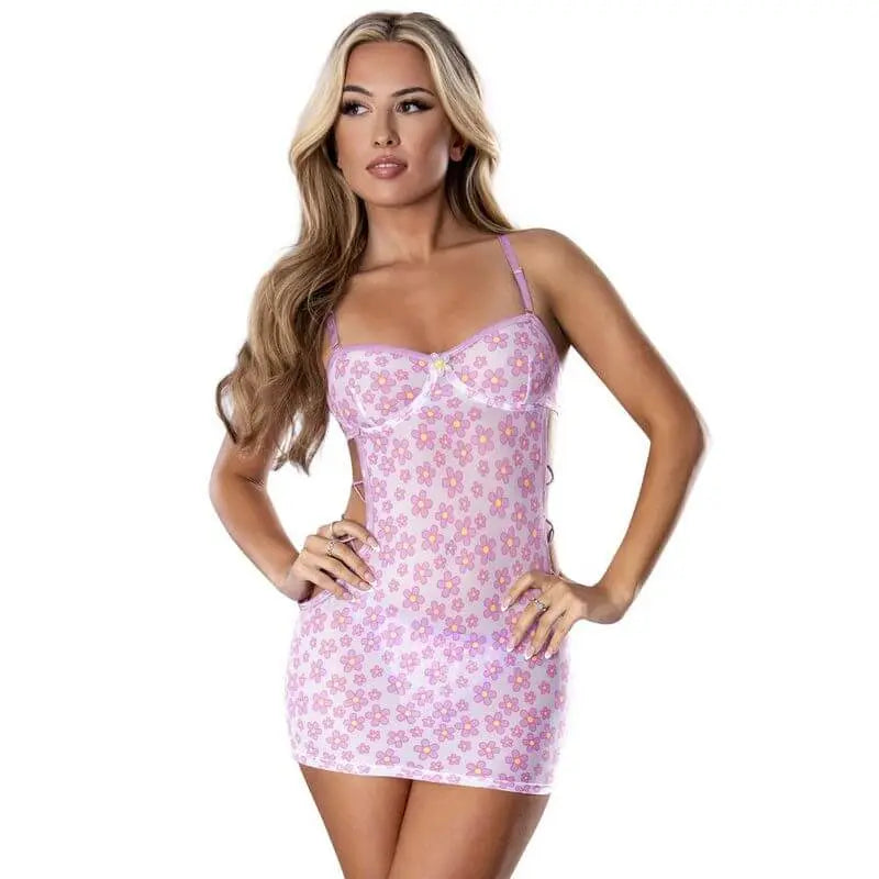 Blacklight Daisy Dress and Tanga Set Pink Exposed Lingerie Discreet Intimate Essentials.