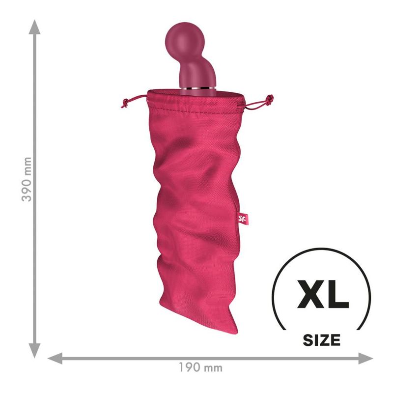 Extra large treasure bag in pink showcasing dimensions 390mm x 190mm, perfect for storing pleasure products.