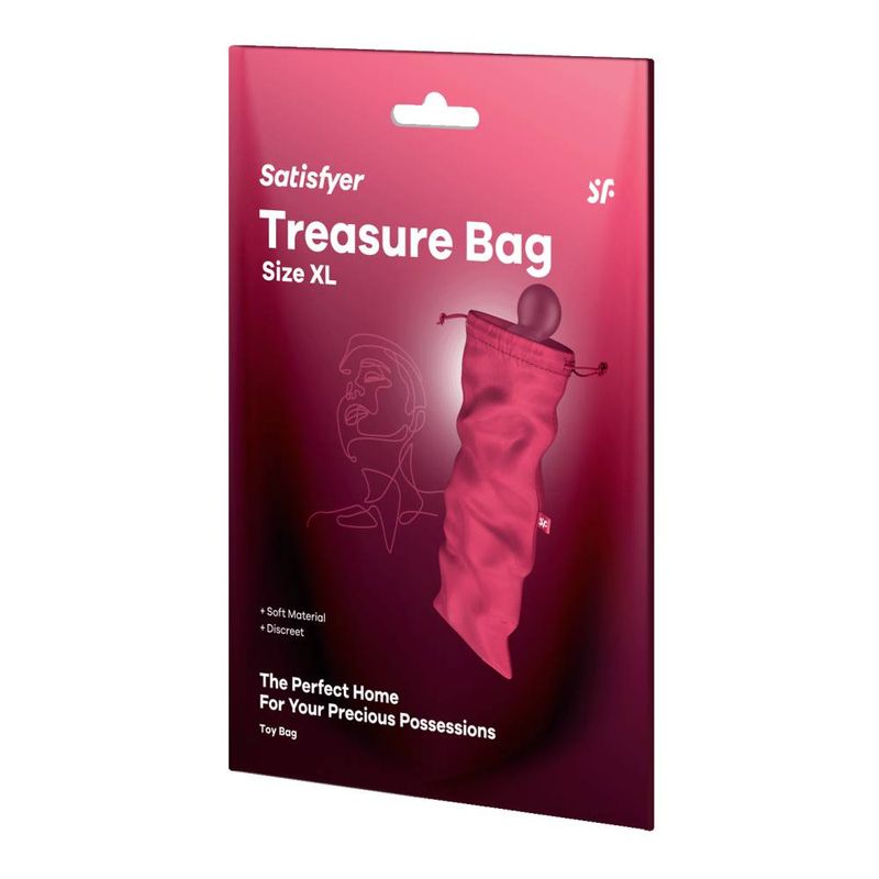 Extra large treasure bag packaging showcasing soft material and discreet design for storing pleasure products.