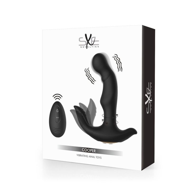 SXE Cooper Vibrating Remote Control Anal Prostate Dildo Plug packaging showcasing its design and features.