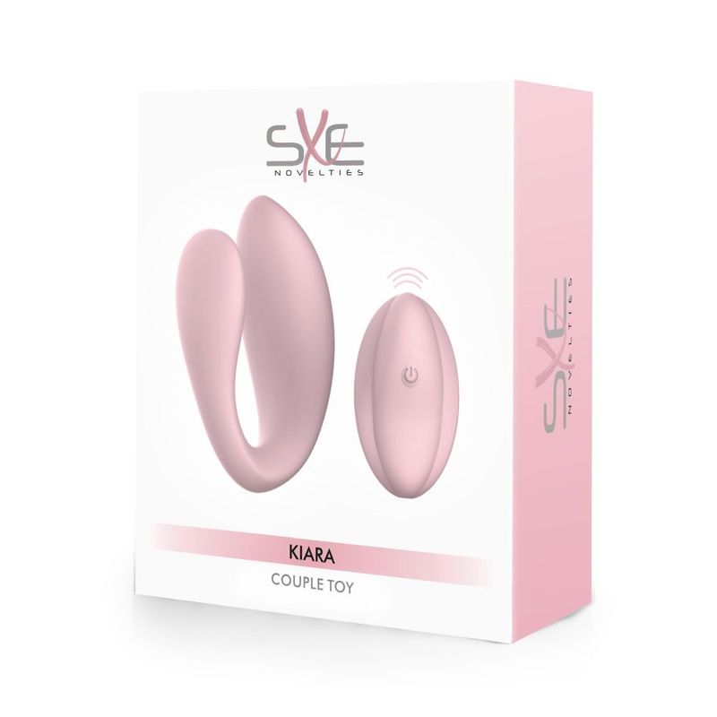 SXE Kiara Dual Motor Couples Massager packaging design featuring a remote controlled couple toy.
