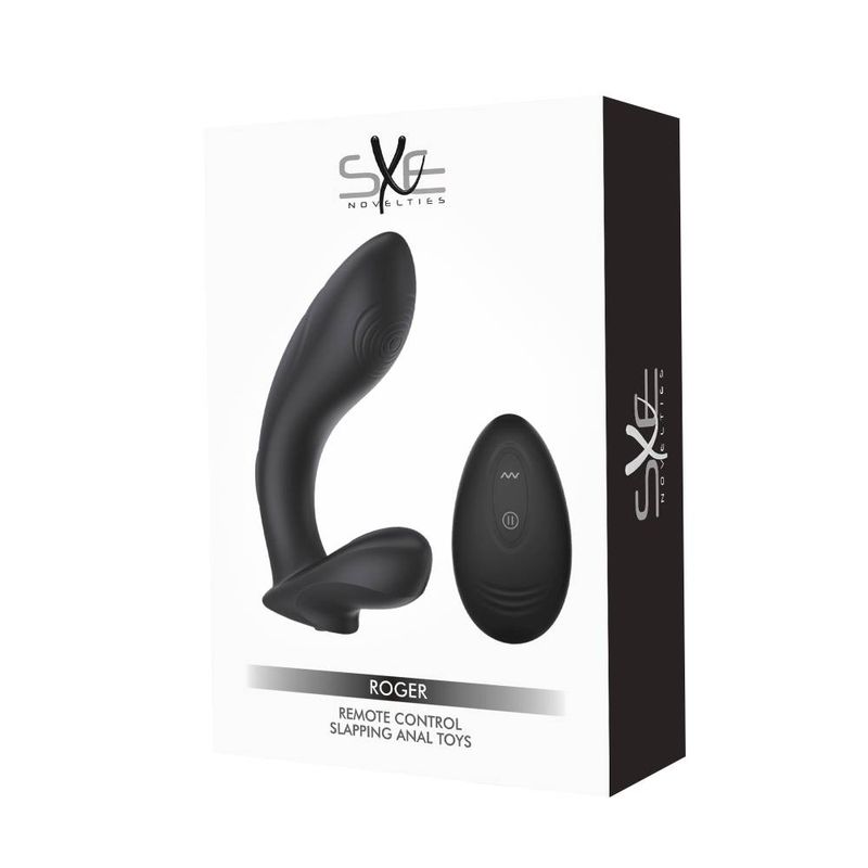 SXE Roger Remote Control Vibrating and Slapping Anal Dildo packaging with remote control.