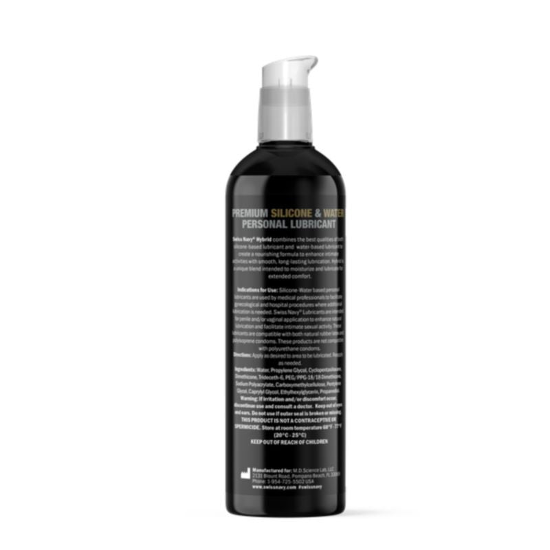 Swiss Navy Hybrid personal lubricant bottle, 8oz/237ml, combining silicone and water-based lubrication for optimal comfort.