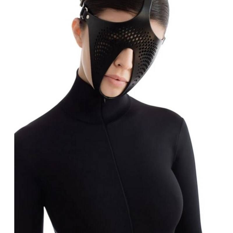 Ex Machina genuine leather BDSM role play mask worn by a model, showcasing its unique design and fit.