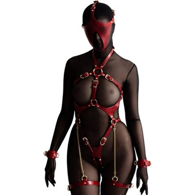 Ex Machina Genuine Leather Mask Red worn with black sheer bodysuit, showcasing sexy BDSM role play costume.
