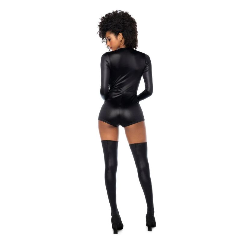Woman wearing a sleek back view of an unconventional nurse costume with a shiny vinyl finish and thigh-high stockings.