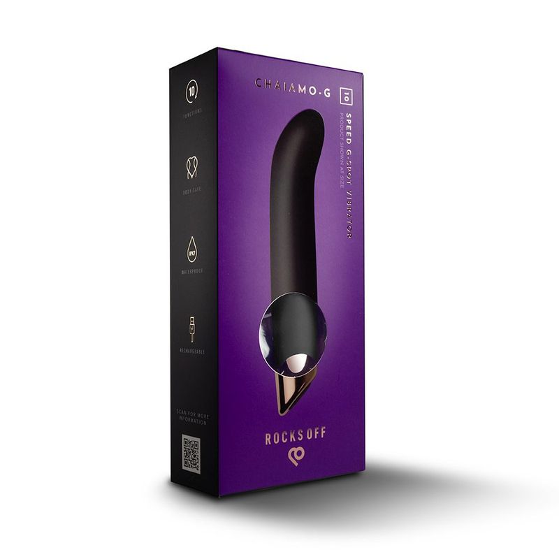 Chaiamo G Black G spot vibrator packaging showcasing its sleek design and features for sensual pleasure.