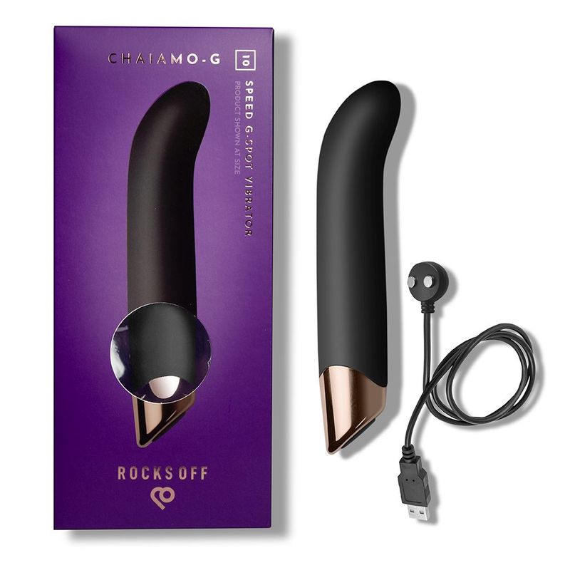 Chaiamo G spot vibrator in sleek black design with packaging and charging cable, showcasing sensual pleasure features.