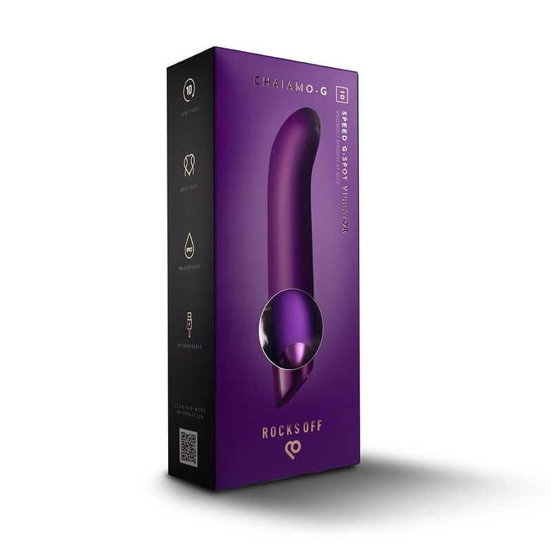 Chaiamo G Purple G spot vibrator with multiple settings in elegant packaging, showcasing features and design.