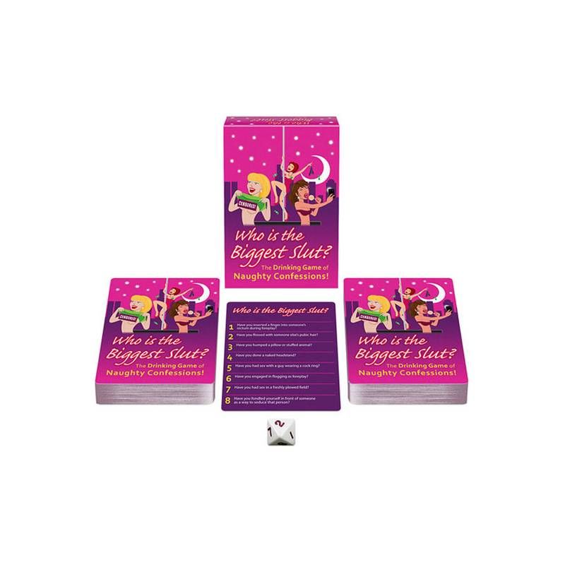 Who Is The Biggest Slut Card Game with playful packaging and cards for naughty confessions drinking game.